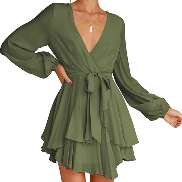 Womens Fit & Flare Boho Long Sleeve Mini Dress in Olive Green Size M - Picture 2 of 12